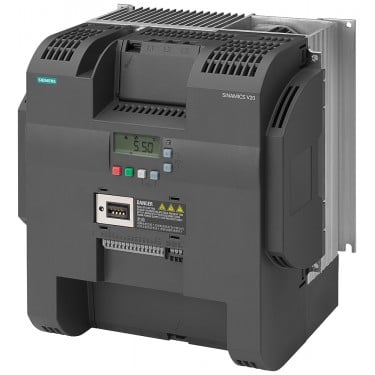SINAMICS V20 380-480 V 3 AC -15/+10% 47-63Hz rated power 18.5 kW with 150% overload for 60 sec. small output overload: 22 kW with 110% overload for 60 sec. unfiltered I/O: 4 DI, 2 DO,2 AI, 1 AQ fieldbus: USS/MODBUS RTU with built-in BOP protection: IP20/ UL open size: E 244x265x209 (WxHxD)