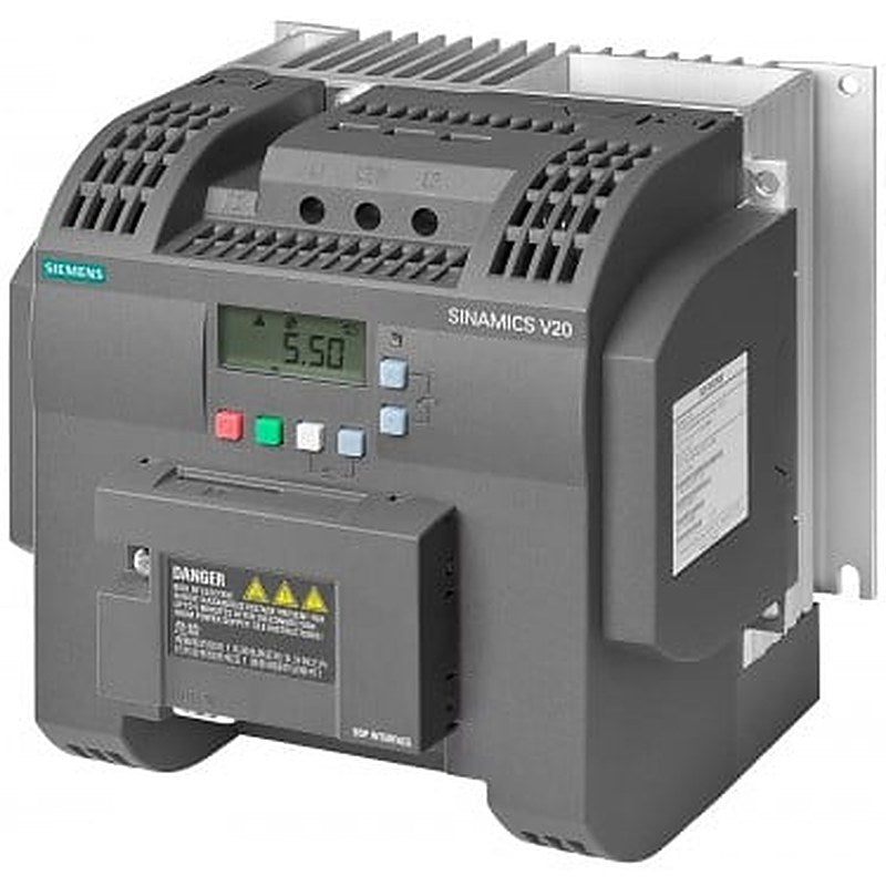 SINAMICS V20 flat heat sink 380-480 V 3 AC -15/+10% 47-63Hz rated power 0.75 kW with 150% overload for 60 sec. Integrated filter C3 I/O: 4 DI, 2 DO,2 AI, 1 AQ fieldbus: USS/MODBUS RTU with built-in BOP protection: IP20/ UL open size: A 90x150x115 (WxHxD) flat heat sink