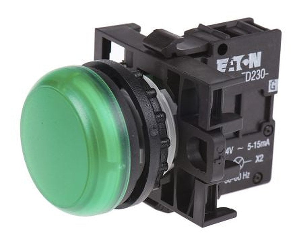 Eaton, RMQ Titan M22, Flush, Rear, Surface Mount Green LED Pilot Light, 22 mm Cutout, IP69K, Round, 264V ac