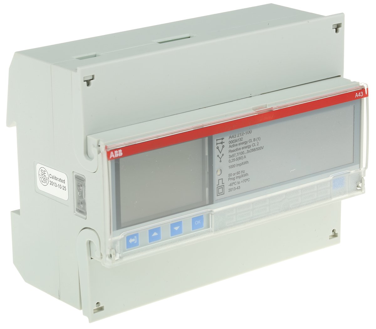 ABB Energy Meter, 80A Current Rating, DIN Rail Mounting - A43 Series - 2CMA170522R1000 Keep a firm hand on power use in your workplace with this energy meter from ABB. Its four-pole construction makes it suitable for use in three-wire and four-wire systems, so you can assess multiple circuits at the same time. Thanks to an accuracy of 1%, it's built for precise tracking. The polycarbonate enclosure provides reliable impact protection, making this the right choice for use in harsh industrial settings. As the
