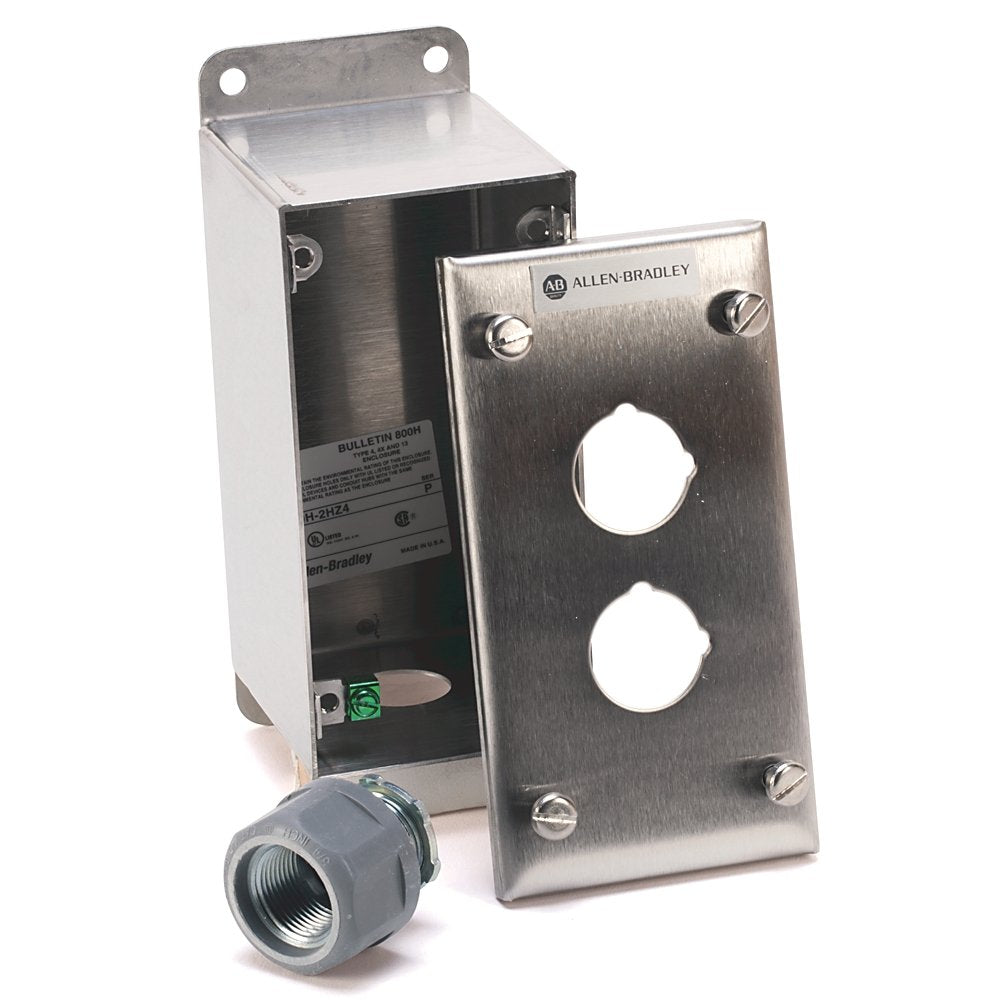 800T and 800H Accessories, Push Button Enclosure, Stainless Steel (#304), 1 Hole with 1 3/4 in. Diameter Hub, Type 4/4X/13. Stainless Steel 304 Material used on Base and Cover (material thickness 0.060 inches). Bottom Conduit Entry, one hole, 3/4 inch knockout, supplied with 1490-N9 conduit hub. Grounding screw provided inside enclosure. Suitable for field replacement for existing Pushbutton Stations or can be used for field assembly of complete pushbutton stations.