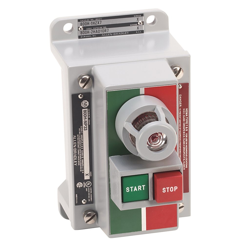 800H Assembled, Type 7&9 Hazardous Location Push Button Station. with Two Push Buttons with 120V AC/DC Rated Red Pilot Light, Red 120V AC Pilot Light No Legend, Green Flush START and Red Extended STOP, Components Type Buttons with Pilot Light