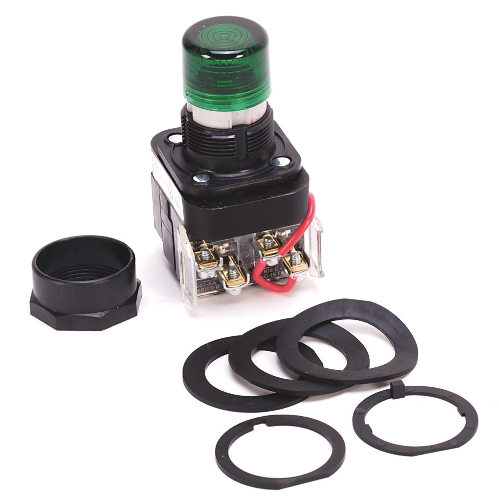 30.5mm Type 4/4X/13 Pilot Light, Xfmr, Push-to-Test, LED, Green, 120V AC 50/60 Hz, 1 NO-1 NC