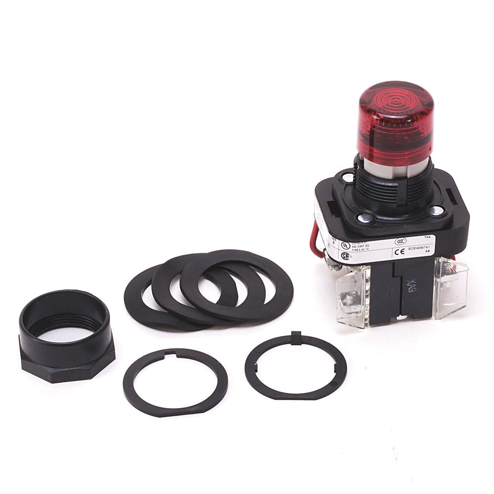 30.5mm Type 4/4X/13 Pilot Light, Full Voltage, Push-to-Test, Incand., Red, 24V AC/DC, 1 NO-1 NC