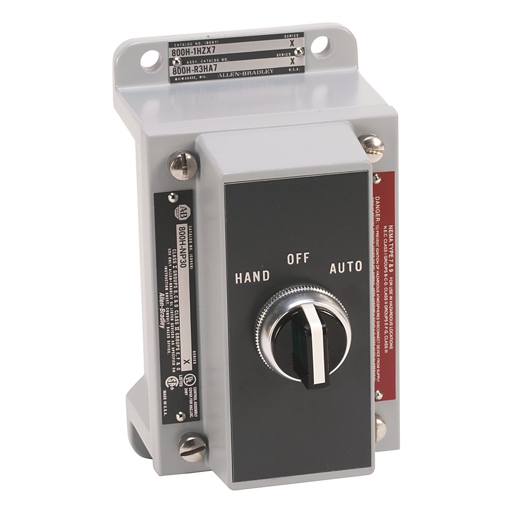 800H Assembled, Type 7&9 Hazardous Location Push Button Station. with Three Position Selector Switch For Component Type Buttons, HAND-OFF-AUTO Selector Switch, Components Type Selector Switch Buttons