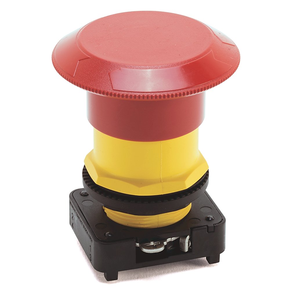 800H Non-IlluminatedTrigger Action Two Position Maintained, Twist Release, Red 60mm Plastic Head, with "E-STOP" on cap, No Guards on Terminals, Traditional Contact Block Code: 2-NC Standard Contacts,