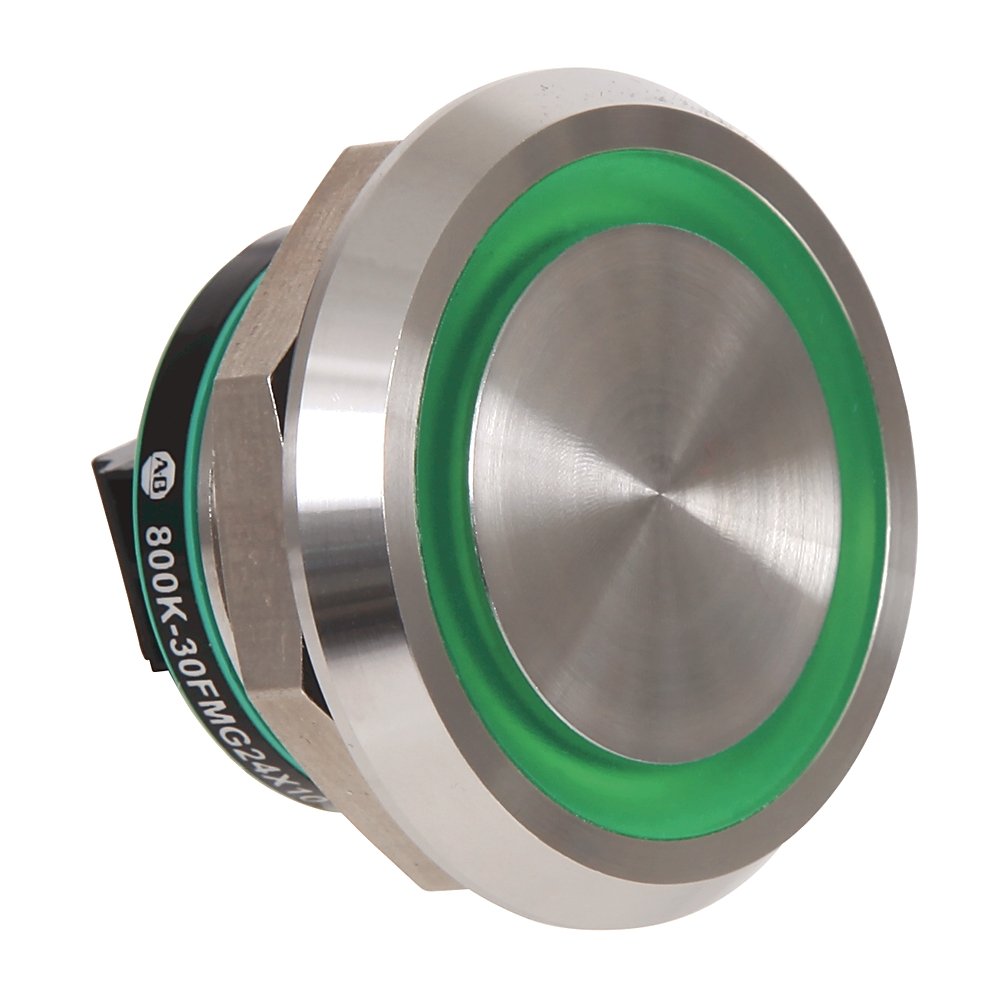 800K Piezo Operators, 30.5 mm Operator Size, Flush, Momentary Operator Type, Green, 24V DC, 1 N.O. Contact Block, Custom text - font size 16 pt