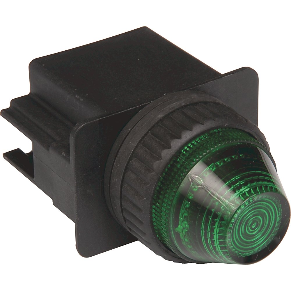 Indicator Light, Plastic, 22.5 mm, LED, 120V AC 50/60 Hz or (120/240 AC 50/60 Hz for Strobe Illumination), Green