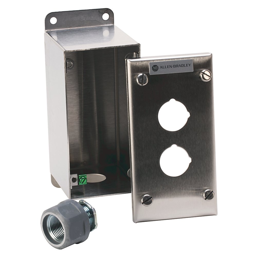 800R Pushbutton Station, Standard, 2 Push Buttons or 2 Push Buttons with 1 Pilot Light, Bulletin 800H Bootless Units, NEMA Type 4/4X/13 Bootless, Rosite Glass Polyester, No Legend, No Pilot Lights
