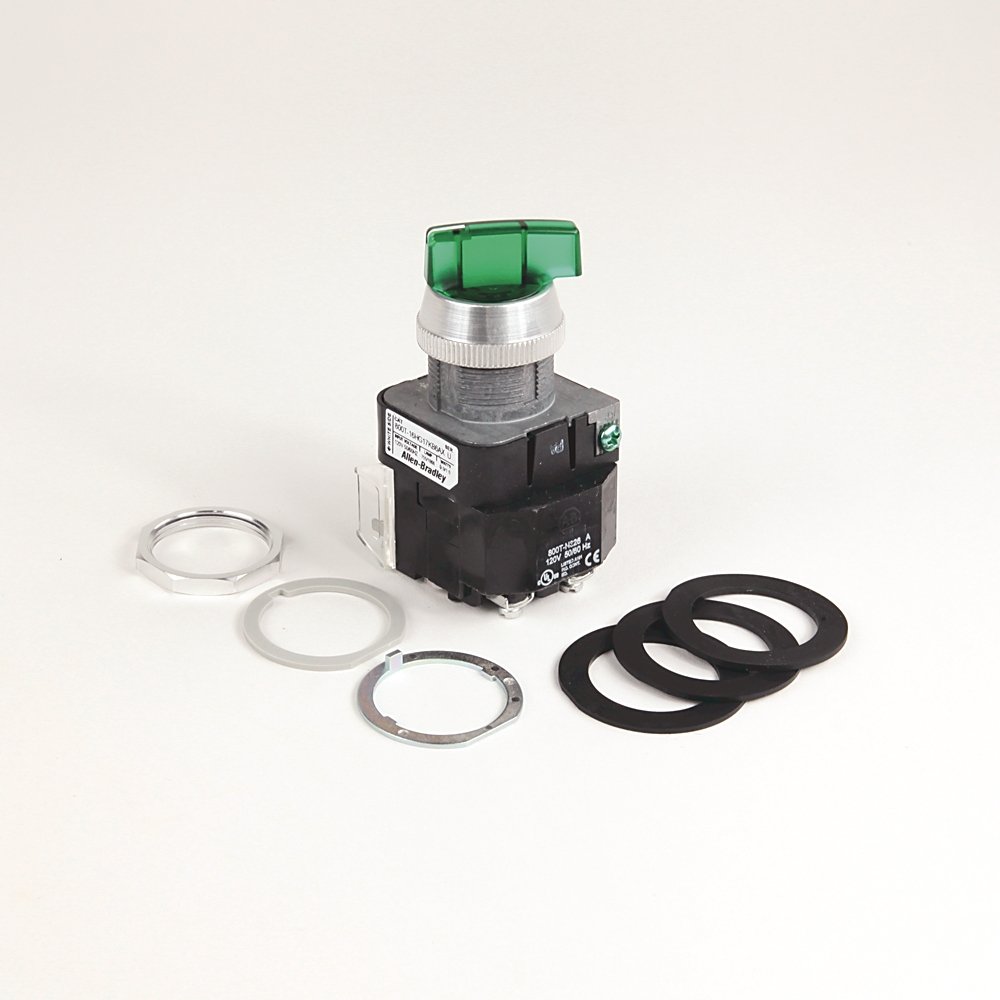 30.5mm Type 4/13 Sel. Switch-Illum., 2 Pos., Transformer, 120V AC 50/60 Hz, Green, Knob Lever Maint., KB6 Maintained Cam, 1 NO-1 NC