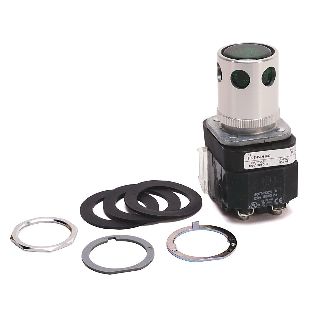 30.5mm Type 4/13 Mom. Contact PB-Illum., Green, Ext. Hd w/ Guard, LED, 120V AC 50/60 Hz, 1 NO-1 NC