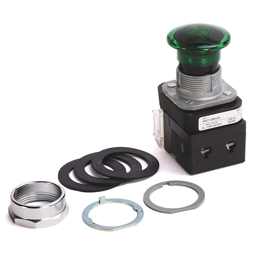 30.5mm Type 4/13 Mom. Contact PB-Illum., Green, Mushroom Hd, LED, 12-130V AC/DC, 1 NO-1 NC