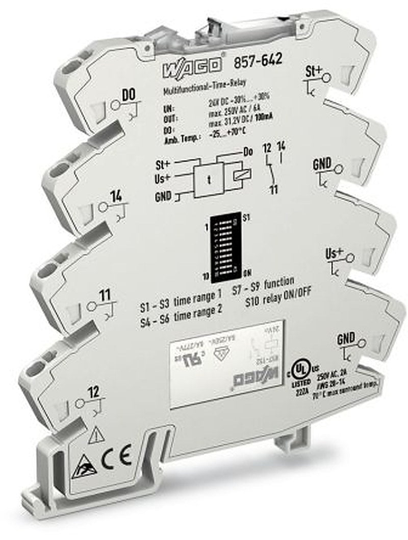 WAGO 857 Series DIN Rail Timer Relay, 1-Contact, 250 V dc 250V ac, 0.01 s to 100 h, 1 CO Switch Configuration