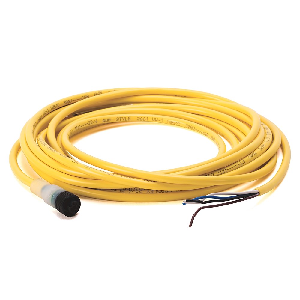 Cordset: DC Micro (M12), Female, Straight, LED - NPN, 4-Pin, PVC Cable, Yellow, Unshielded, IEC Color Coded, No Connector, 5 meter (16.4 feet), 22AWG