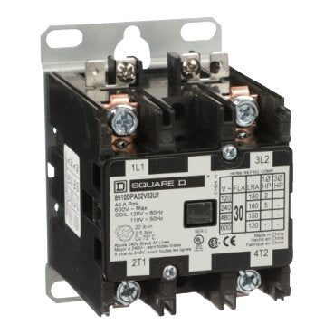 Contactor, Definite Purpose, 30A, 2 pole, 5HP at 230VAC, 1 phase, 110/120VAC 50/60Hz coil, open, UL Listed (Contactor Definite Purpose) is a Schneider Electric product. Designed for reliable performance and long service life. Available across Iraq — contact us for pricing and delivery options.