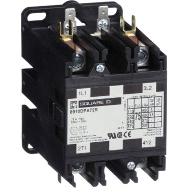 Contactor, Definite Purpose, 75A, 2 pole, 15 HP at 230 VAC, 1 phase, 110/120 VAC 50/60 Hz coil, open (Contactor Definite Purpose) is a Schneider Electric product. Designed for reliable performance and long service life. Available across Iraq — contact us for pricing and delivery options.
