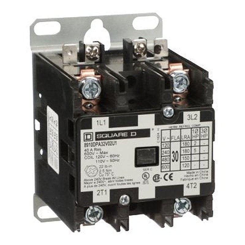 Contactor, Definite Purpose, 30A, 2 pole, 5HP at 230VAC, 1 phase, 110/120VAC 50/60Hz coil, open, UL Listed (Contactor Definite Purpose) is a Schneider Electric product. Designed for reliable performance and long service life. Available across Iraq — contact us for pricing and delivery options.