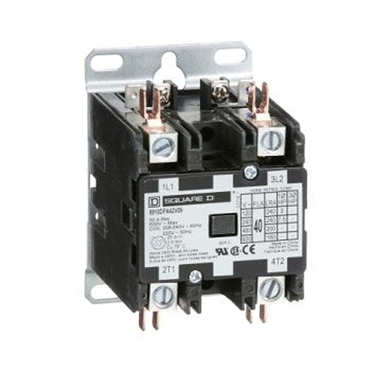 Contactor, Definite Purpose, 40A, 2 pole, 7.5HP at 230VAC, 1 phase, 208/240VAC 60Hz 220VAC 50Hz coil, open (Contactor Definite Purpose) is a Schneider Electric product. Designed for reliable performance and long service life. Available across Iraq — contact us for pricing and delivery options.