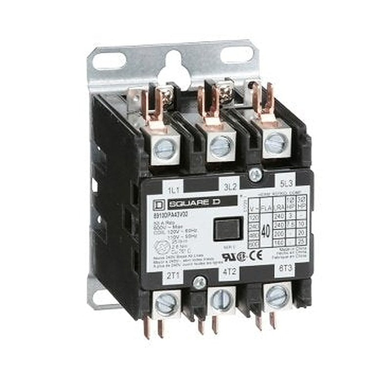Contactor, Definite Purpose, 40A, 3 pole, 25HP at 575VAC, 3 phase, 110/120VAC 50/60Hz coil, with 2 mounting screws (Contactor Definite Purpose) is a Schneider Electric product. Designed for reliable performance and long service life. Available across Iraq — contact us for pricing and delivery options.