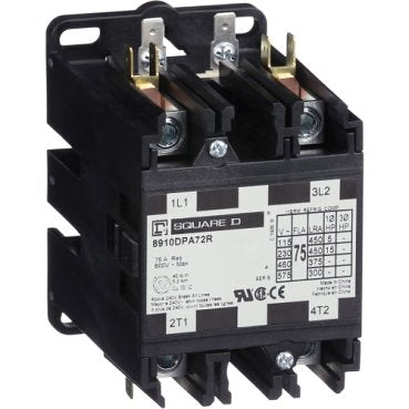 Contactor, Definite Purpose, 75A, 2 pole, 15 HP at 230 VAC, 1 phase, 110/120 VAC 50/60 Hz coil, open (Contactor Definite Purpose) is a Schneider Electric product. Designed for reliable performance and long service life. Available across Iraq — contact us for pricing and delivery options.