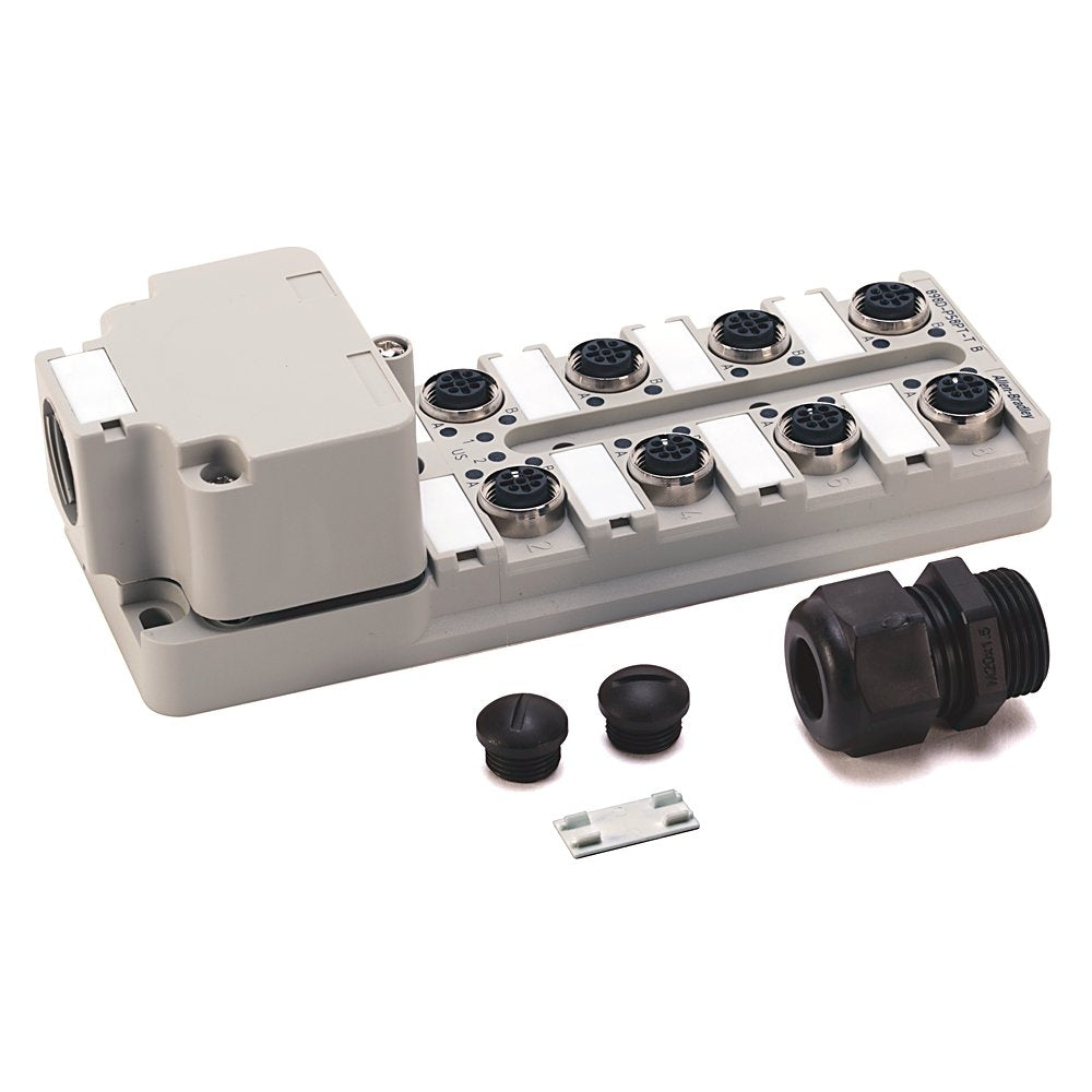 Distribution Box, DC Micro (M12), PNP LEDs, 8 Input Ports, Ports on top of box, PVC Cable, Black, Unshielded, 20m Cable (65.6 ft) Main Connection
