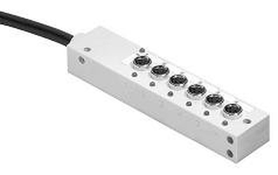 Distribution Box, Pico (M8), No LEDs, 6 Input Ports, Ports on top of box, PVC Cable, Black, Unshielded, 10m Cable (32.8 ft) Main Connection