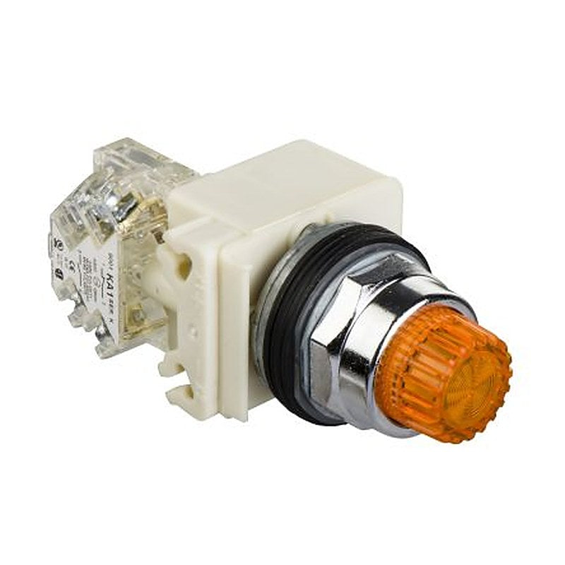 Schneider Electric 9001K Series Illuminated Push Button Switch, Spring Return, Panel, 30 mm Cutout, SPDT, Yellow LED,