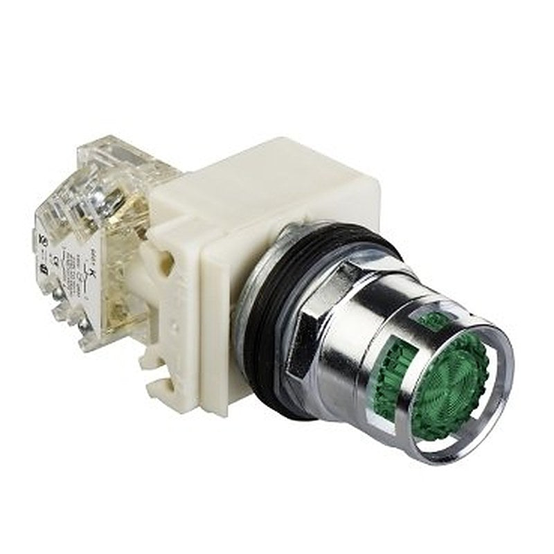 Illuminated push-button, Harmony 9001K, metal, metal guard flush, green, 30mm, spring return, 24-28V, 1 NO (Illuminated push-button Harmony 9001K) is a Schneider Electric product. Designed for reliable performance and long service life. Available across Iraq — contact us for pricing and delivery options.
