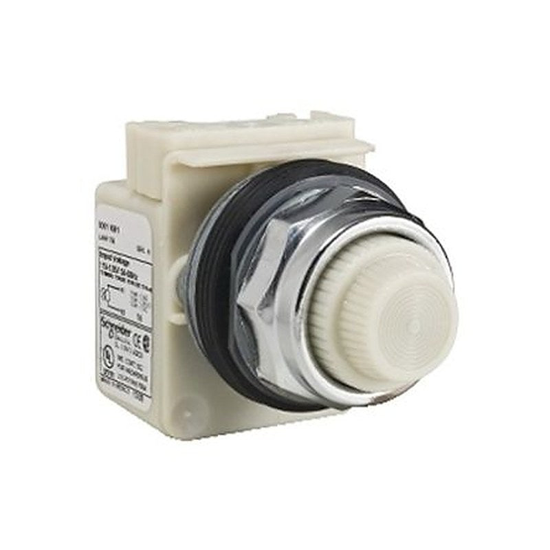 Schneider Electric, 9001K, Panel Mount White Incandescent Lamp Pilot Light Complete Unit, 30 mm Cutout, Round, 120V ac
