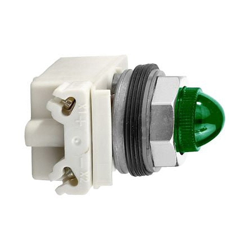 Schneider Electric, 9001K, Panel Mount Green Incandescent Lamp Pilot Light Complete Unit, 30 mm Cutout, IP66, Round, 28V