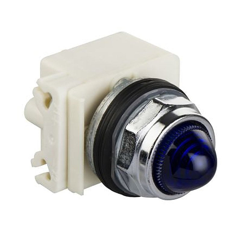 Schneider Electric, 9001K, Panel Mount Blue Incandescent Lamp Pilot Light Complete Unit, 30 mm Cutout, IP66, Round, 28V