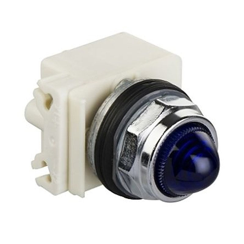 Schneider Electric, 9001K, Panel Mount Blue LED Pilot Light Complete Unit, 30 mm Cutout, IP66, Round, 120V ac/dc