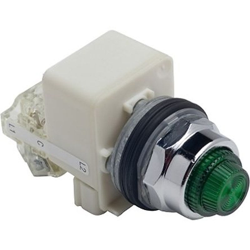 Schneider Electric, 9001K, Panel Mount Green LED Pilot Light Complete Unit, 30 mm Cutout, IP66, Round, 120V ac/dc