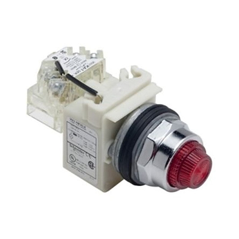 Schneider Electric, 9001K, Panel Mount Red LED Pilot Light Complete Unit, 30 mm Cutout, IP66, Round, 120V ac/dc