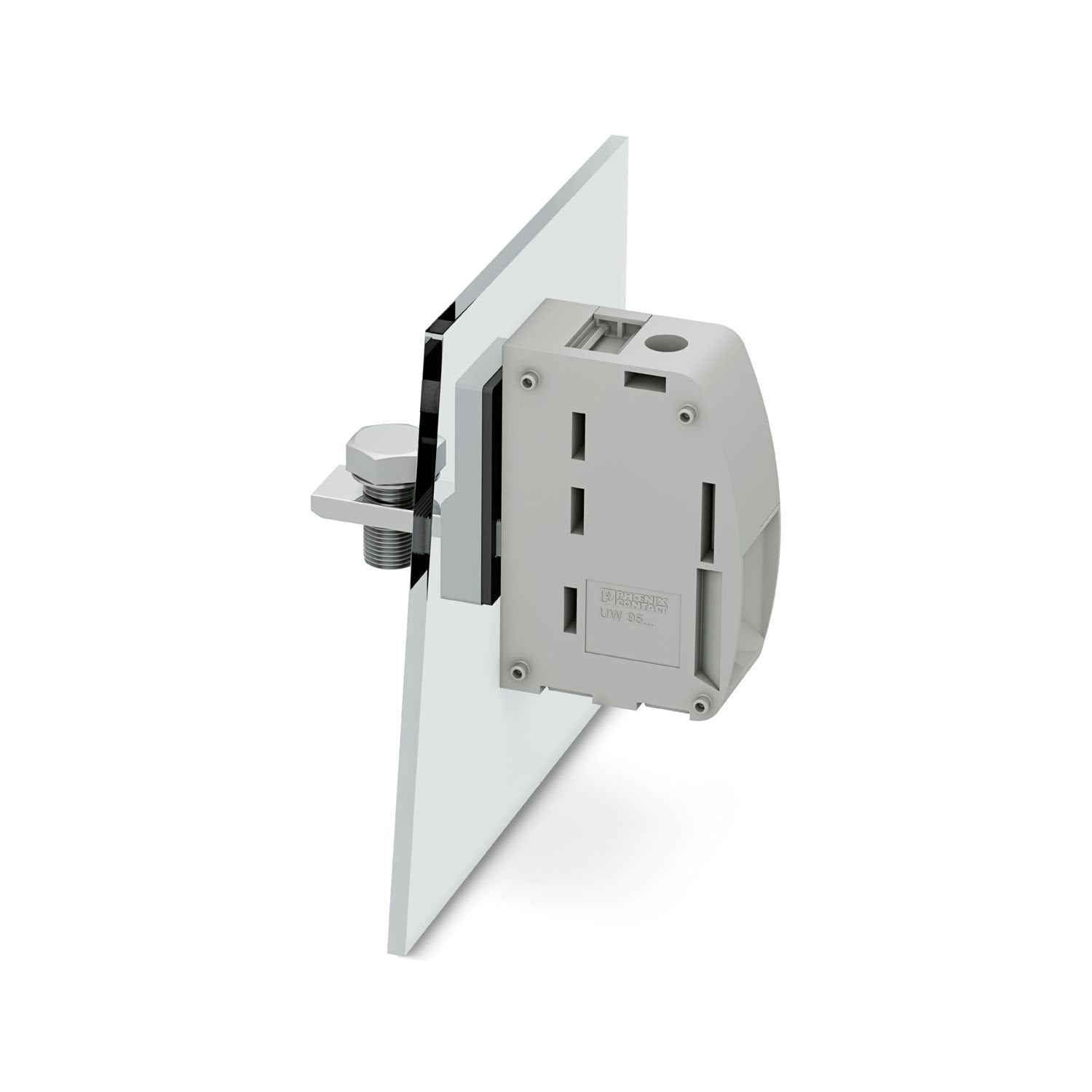 Panel feed-through terminal block, connection method: Screw connection with tension sleeve, Cable lug connection, number of positions: 1, load current: 232 A, connection direction of the conductor to plug-in direction: 0 °, width: 25 mm, color: gray. Outer terminal half with screw flange