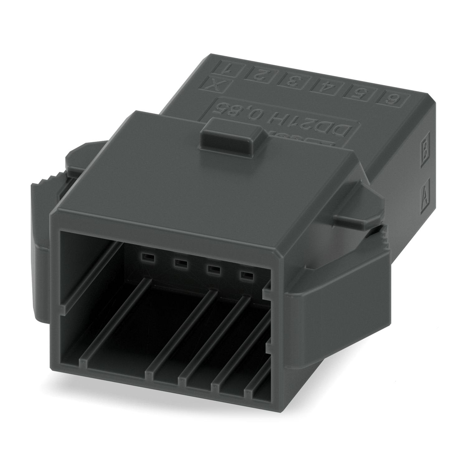 Feed-through connector, color: black, nominal current: 5 A, rated voltage (III/2): 160 V, contact surface: Sn, contact connection type: Pin, number of rows: 2, number of positions: 12, product range: DD21H 0,85/..-PT, pitch: 2.5 mm, connection method: Crimp connection, conductor/PCB connection direction: 0 °, locking clip: - without locking clip, plug-in system: CONNEXIS DD, Pin connector pattern alignment: Standard, locking: Snap-in locking, mounting method: Engagement nose, type of packaging: packed in ca