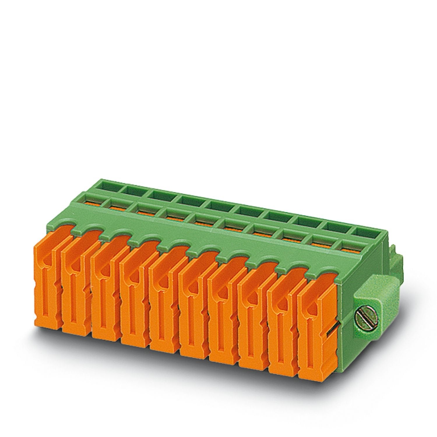 PCB connector, nominal cross section: 0.5 mm 2 , color: green, nominal current: 6 A, rated voltage (III/2): 200 V, contact surface: Sn, contact connection type: Socket, number of potentials: 3, number of rows: 1, number of positions: 3, number of connections: 3, product range: QC 0,5/..-STF, pitch: 3.81 mm, connection method: Displacement connection, conductor/PCB connection direction: 0 °, plug-in system: COMBICON MC 1,5, locking: Screw locking mechanism, mounting method: Screw flange, type of packaging: p