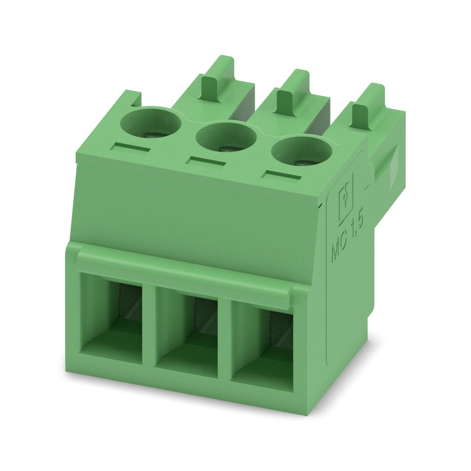 PCB connector, nominal cross section: 1.5 mm 2 , color: green, nominal current: 8 A, rated voltage (III/2): 160 V, contact surface: Sn, contact connection type: Socket, number of potentials: 3, number of rows: 1, number of positions: 3, number of connections: 3, product range: MC 1,5/..-ST, pitch: 3.81 mm, connection method: Screw connection with tension sleeve, screw head form: L Slotted, conductor/PCB connection direction: 0 °, plug-in system: COMBICON MC 1,5, locking: without, mounting method: without, t