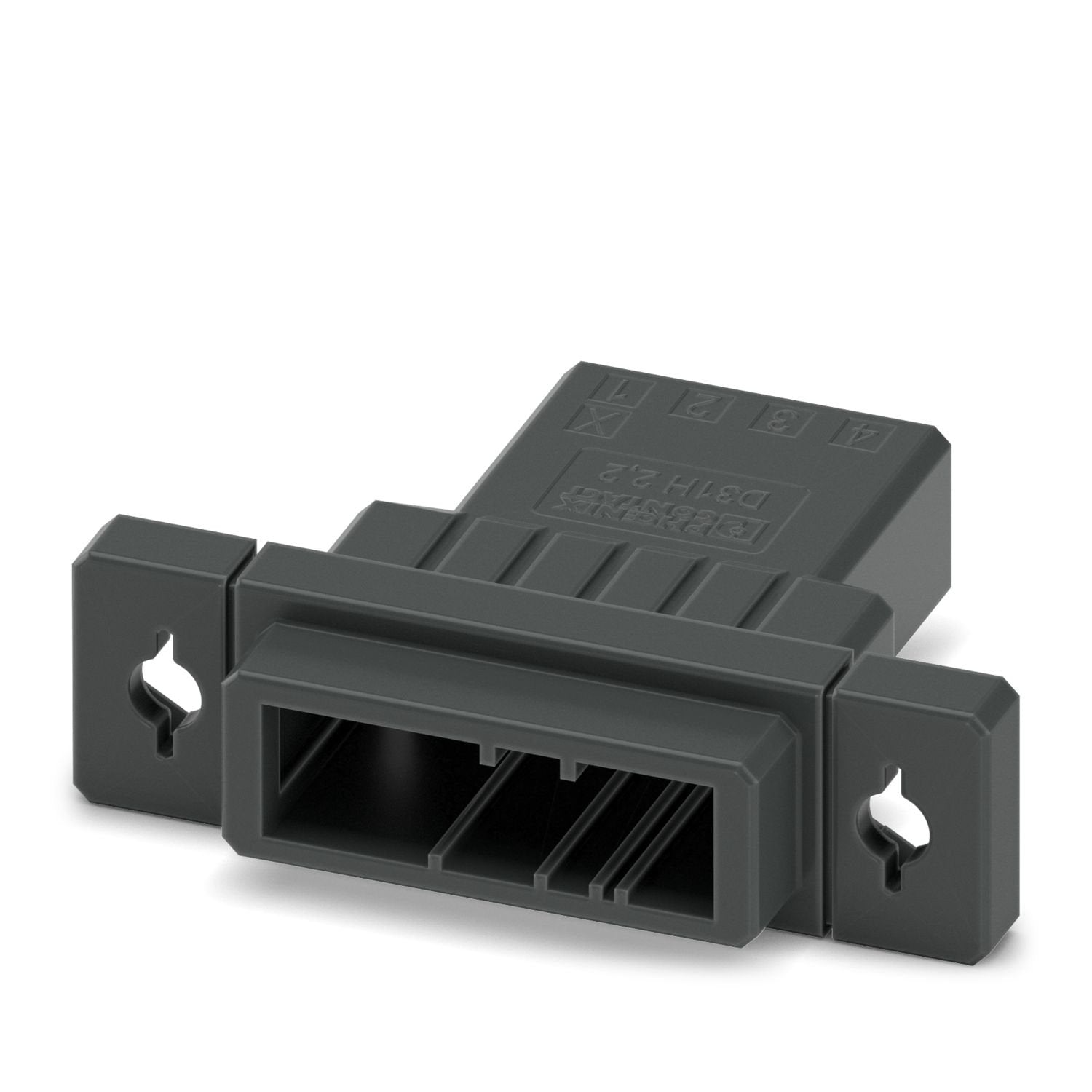 Feed-through connector, color: black, nominal current: 8 A, rated voltage (III/2): 160 V, contact surface: Sn, contact connection type: Pin, number of rows: 1, number of positions: 4, product range: D31H 2,2/..-PT, pitch: 3.81 mm, connection method: Crimp connection, conductor/PCB connection direction: 0 °, locking clip: - without locking clip, plug-in system: CONNEXIS D, Pin connector pattern alignment: Standard, locking: Snap-in locking, mounting method: Engagement nose, type of packaging: packed in cardb