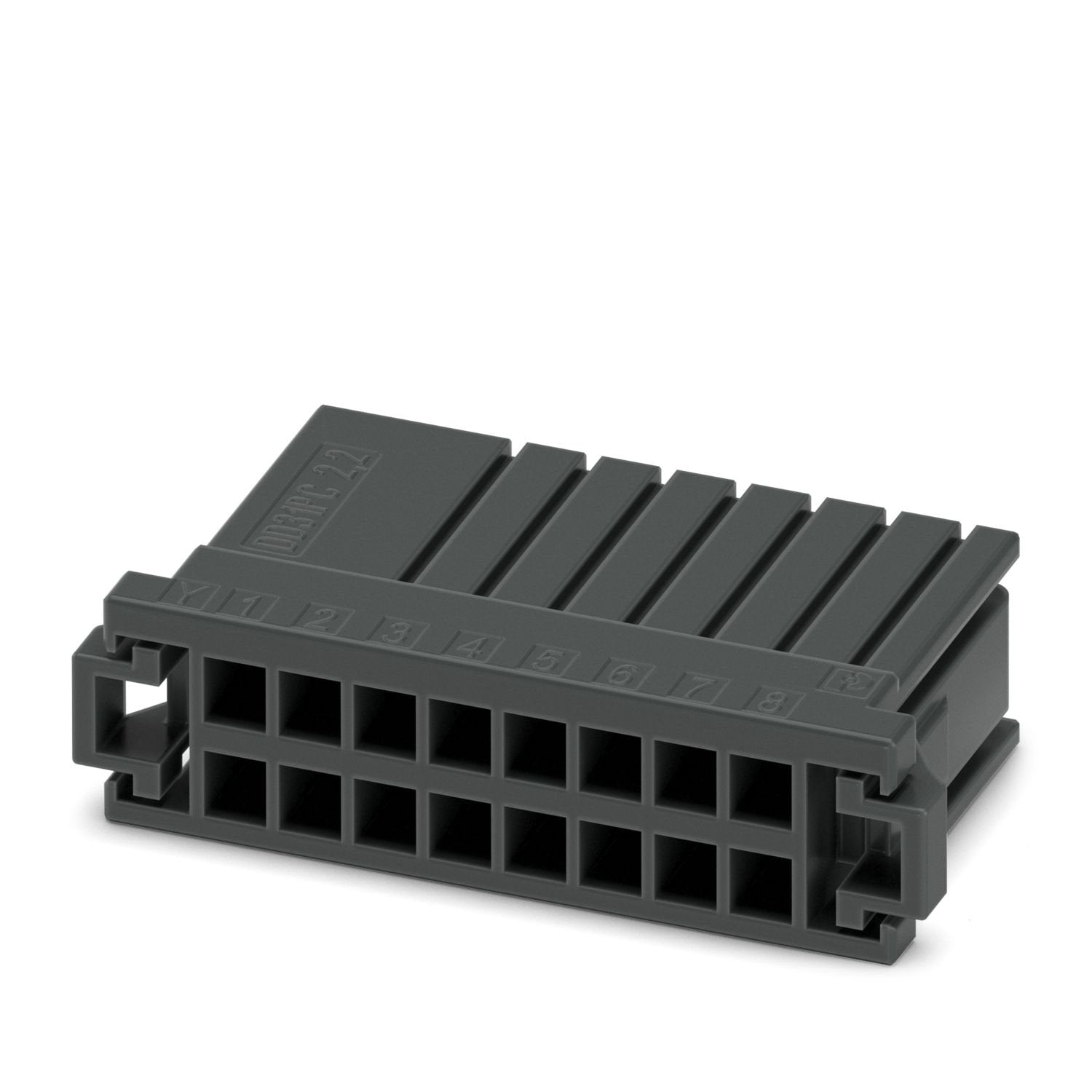 PCB connector, color: black, nominal current: 8 A, rated voltage (III/2): 160 V, contact surface: Sn, contact connection type: Socket, number of rows: 2, number of positions: 16, product range: DD31PC 2,2/.., pitch: 3.81 mm, connection method: Crimp connection, conductor/PCB connection direction: 0 °, locking clip: - without locking clip, plug-in system: CONNEXIS DD, locking: Snap-in locking, mounting method: Latching flange, type of packaging: packed in cardboard