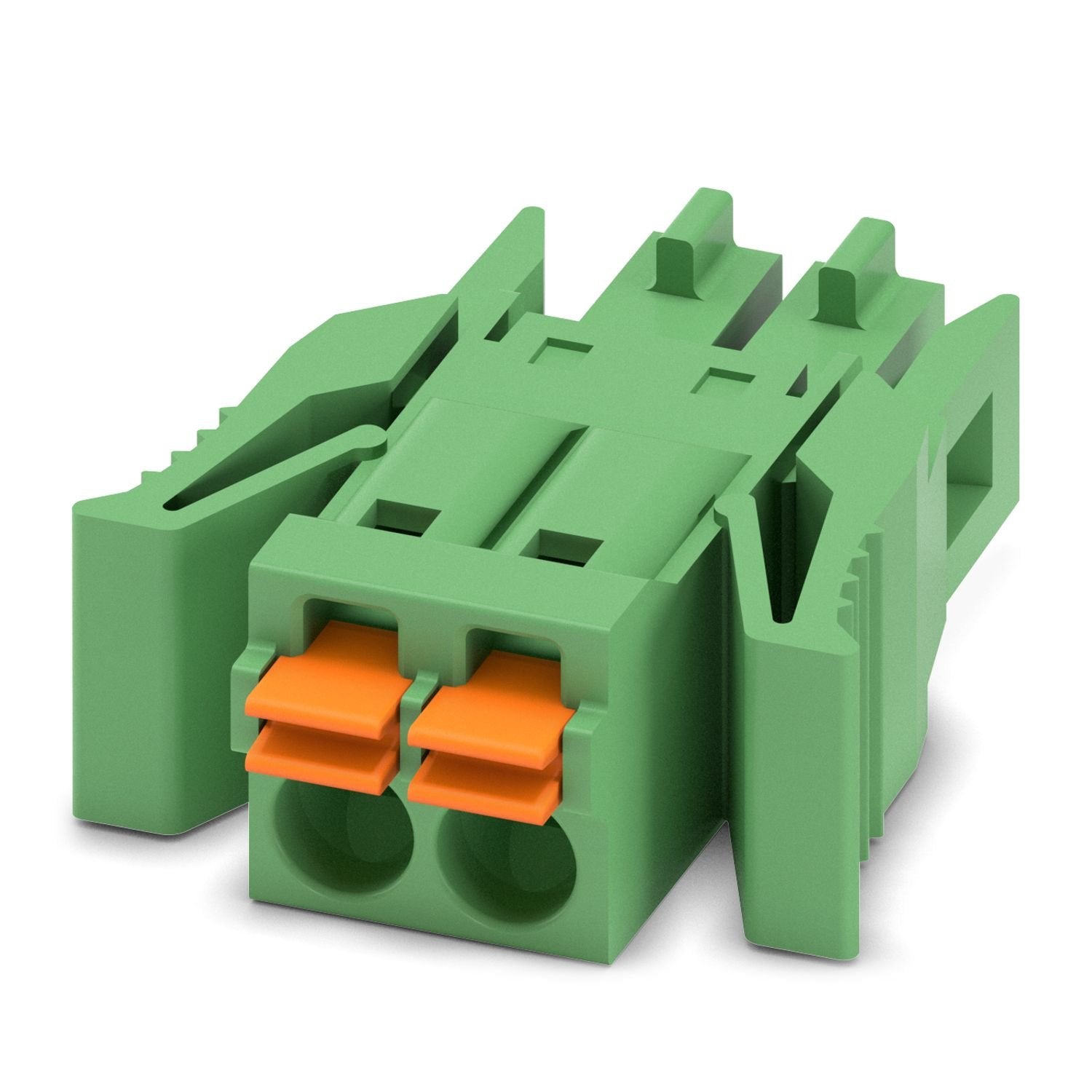 PCB connector, nominal cross section: 1.5 mm 2 , color: green, nominal current: 8 A, rated voltage (III/2): 160 V, contact surface: Sn, contact connection type: Socket, number of potentials: 2, number of rows: 1, number of positions: 2, number of connections: 2, product range: FMC 1,5/..-ST-RF, pitch: 3.5 mm, connection method: Push-in spring connection, conductor/PCB connection direction: 0 °, plug-in system: COMBICON FMC 1,5 - MCDN 1,5, locking: Snap-in locking, mounting method: Latching flange, type of p