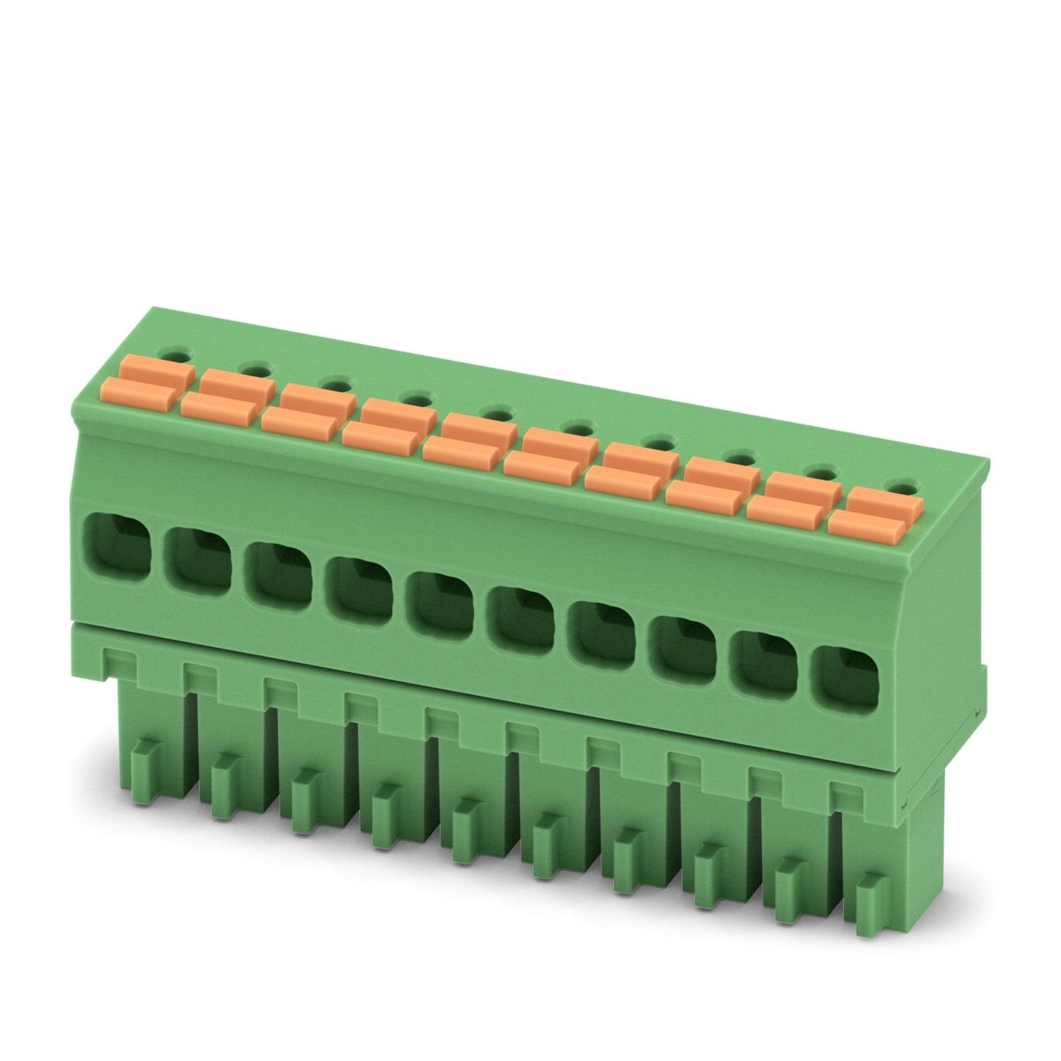 PCB connector, nominal cross section: 1.5 mm 2 , color: green, nominal current: 8 A, rated voltage (III/2): 160 V, contact surface: Sn, contact connection type: Socket, number of rows: 1, number of positions: 10, product range: FMCOR 1,5/..-ST, pitch: 3.5 mm, connection method: Push-in spring connection, conductor/PCB connection direction: 90 °, plug-in system: COMBICON MC 1,5, locking: without, mounting method: without, type of packaging: packed in cardboard
