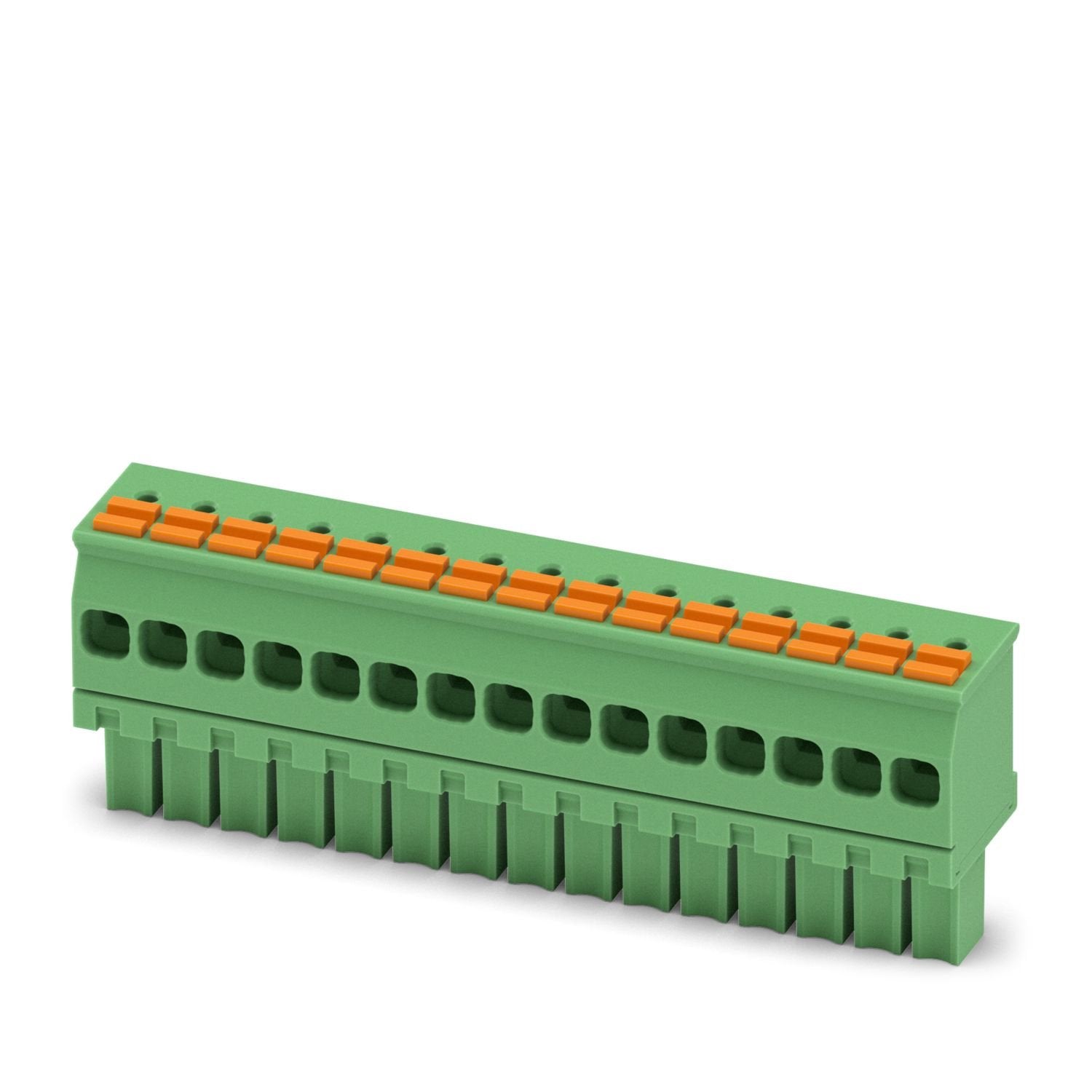 PCB connector, nominal cross section: 1.5 mm 2 , color: green, nominal current: 8 A, rated voltage (III/2): 160 V, contact surface: Sn, contact connection type: Socket, number of rows: 1, number of positions: 15, product range: FMCOW 1,5/..-ST, pitch: 3.5 mm, connection method: Push-in spring connection, conductor/PCB connection direction: -90 °, plug-in system: COMBICON MC 1,5, locking: without, mounting method: without, type of packaging: packed in cardboard