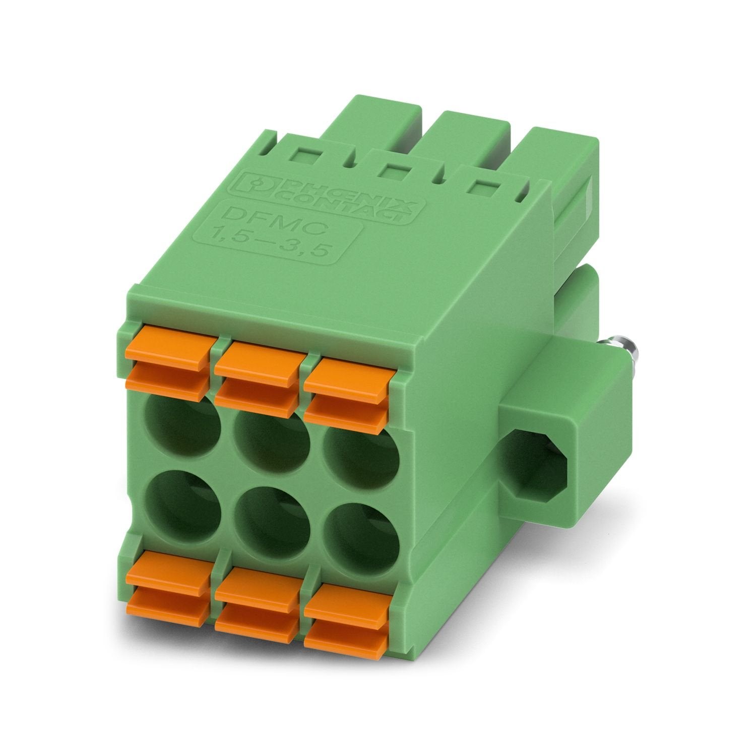 PCB connector, nominal cross section: 1.5 mm 2 , color: green, nominal current: 8 A, rated voltage (III/2): 160 V, contact surface: Sn, contact connection type: Socket, number of potentials: 6, number of rows: 2, number of positions: 3, number of connections: 6, product range: DFMC 1,5/..-STF, pitch: 3.5 mm, connection method: Push-in spring connection, mounting: Insertion in base strip, conductor/PCB connection direction: 0 °, plug-in system: COMBICON DFMC 1,5, locking: Screw locking mechanism, mounting me