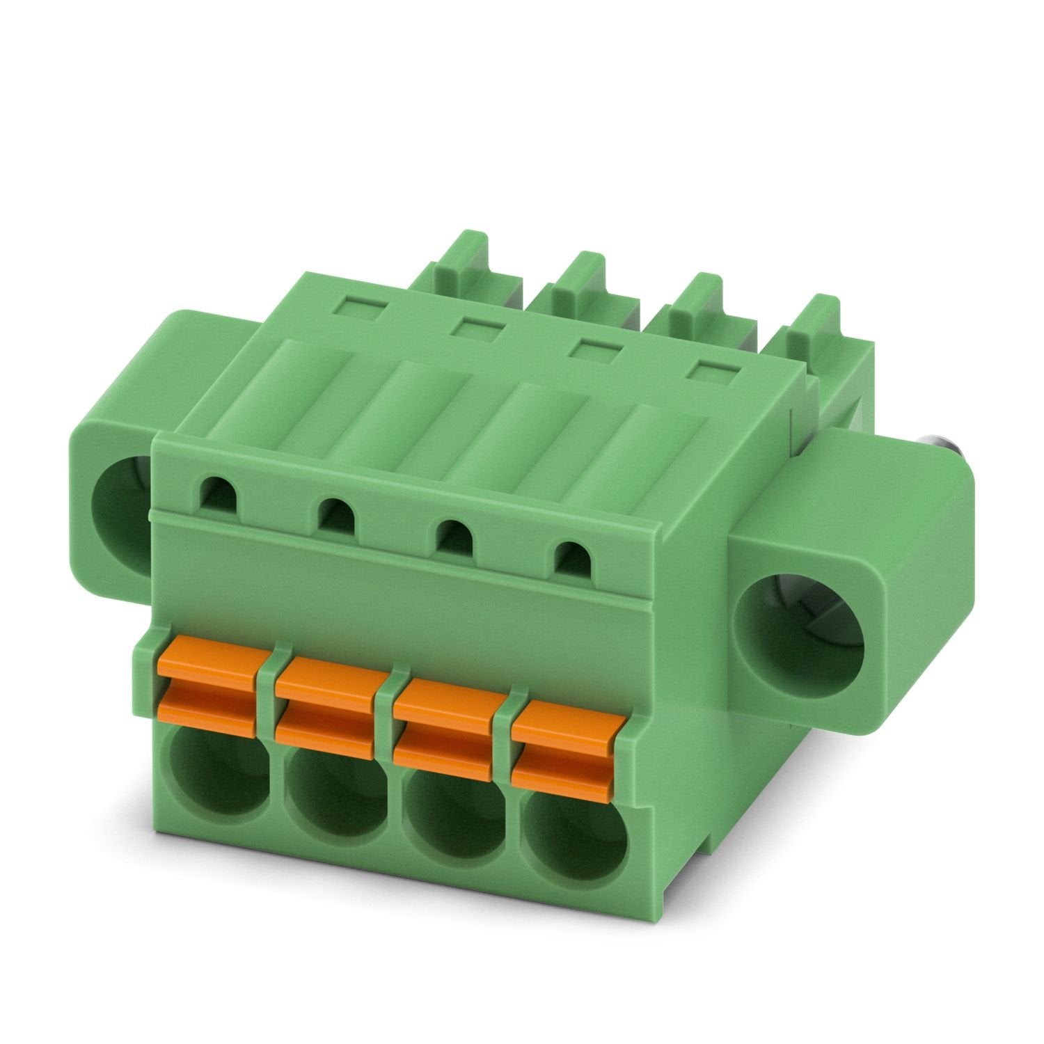 PCB connector, nominal cross section: 1.5 mm 2 , color: green, nominal current: 8 A, rated voltage (III/2): 160 V, contact surface: Sn, contact connection type: Socket, number of potentials: 4, number of rows: 1, number of positions: 4, number of connections: 4, product range: FK-MCP 1,5/..-STF, pitch: 3.5 mm, connection method: Push-in spring connection, conductor/PCB connection direction: 0 °, plug-in system: COMBICON MC 1,5, locking: Screw locking mechanism, mounting method: Screw flange, type of packagi