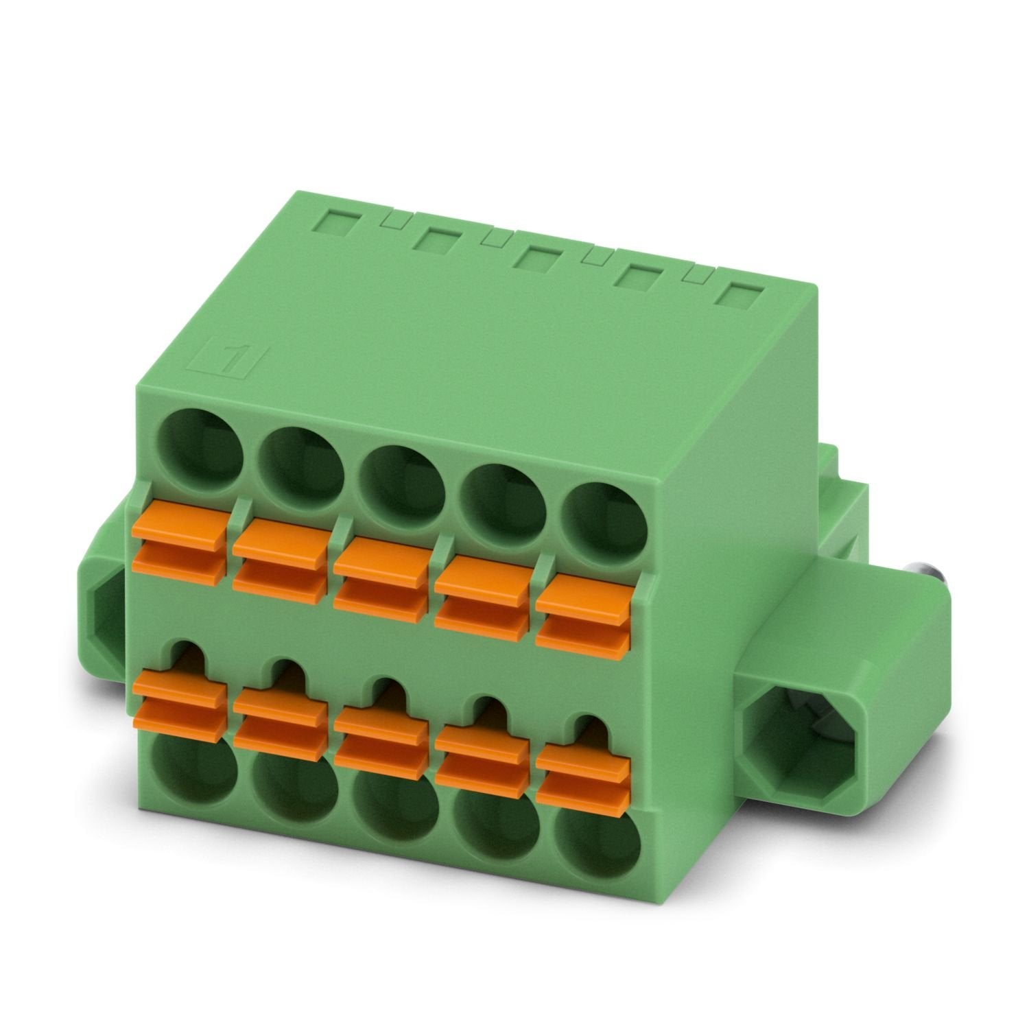 PCB TWIN plug, nominal cross section: 1.5 mm 2 , color: green, nominal current: 8 A, rated voltage (III/2): 160 V, contact surface: Sn, contact connection type: Socket, number of potentials: 5, number of rows: 1, number of positions: 5, number of connections: 10, product range: TFMC 1,5/..-STF, pitch: 3.5 mm, connection method: Push-in spring connection, conductor/PCB connection direction: 0 °, plug-in system: COMBICON MC 1,5, locking: Screw locking mechanism, mounting method: Screw flange, type of packagin