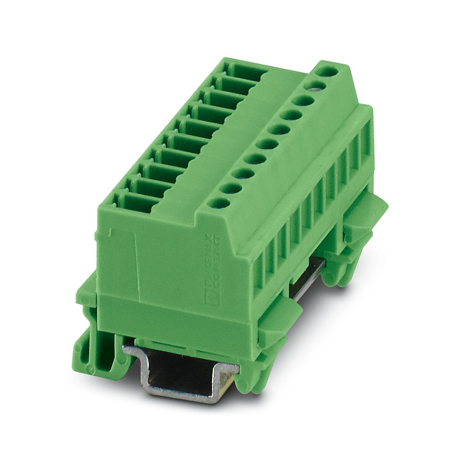 DIN rail connector, nominal cross section: 1.5 mm 2 , color: green, nominal current: 8 A, rated voltage (III/2): 160 V, contact surface: Sn, contact connection type: Pin, number of potentials: 10, number of rows: 1, number of positions: 10, number of connections: 10, product range: MCVK 1,5/..-G, pitch: 3.81 mm, connection method: Screw connection with tension sleeve, screw head form: L Slotted, mounting: DIN rail mounting, conductor/PCB connection direction: 0 °, plug-in system: COMBICON MC 1,5, locking: w
