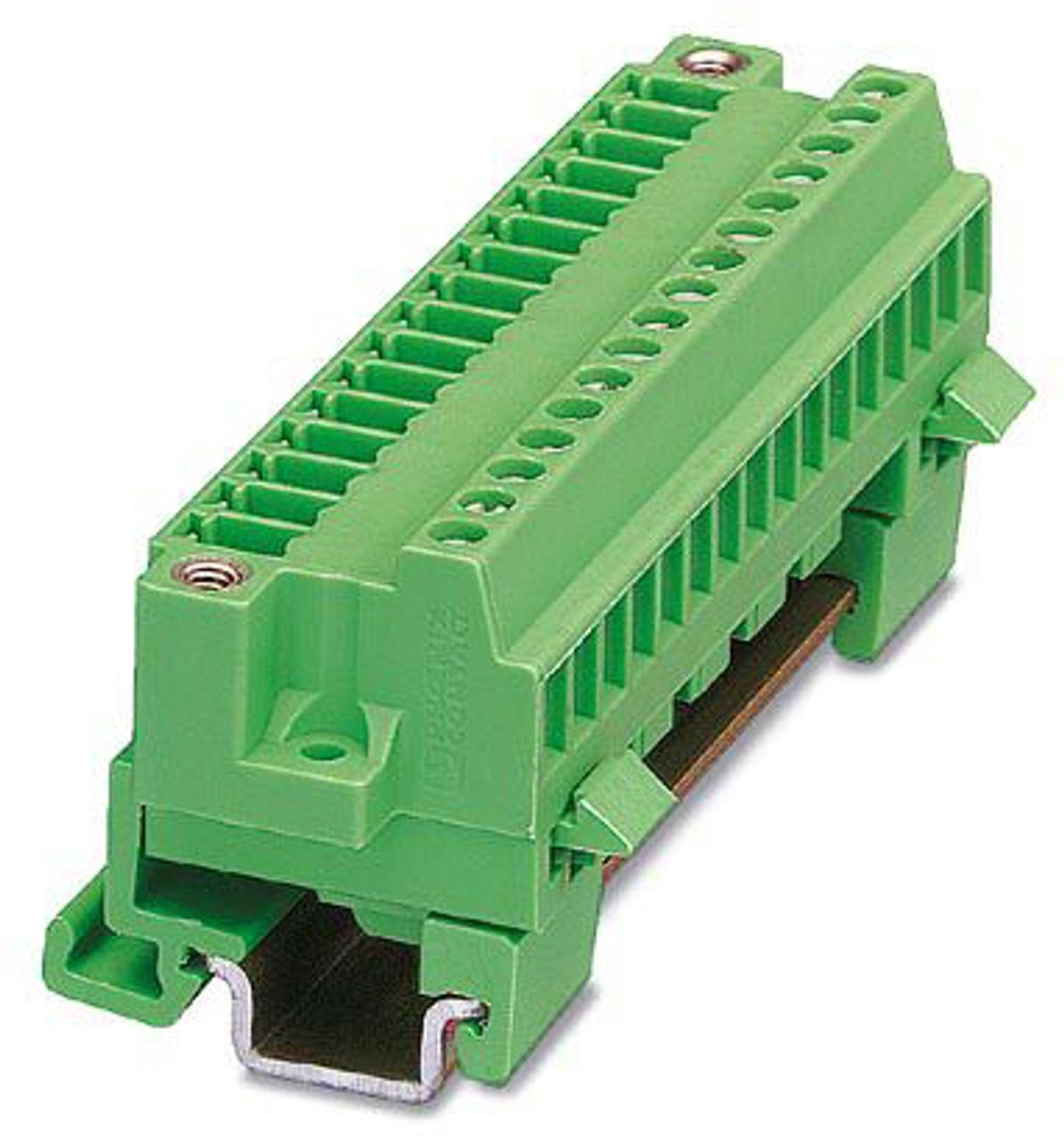 DIN rail connector, nominal cross section: 1.5 mm 2 , color: green, nominal current: 8 A, rated voltage (III/2): 160 V, contact surface: Sn, contact connection type: Pin, number of potentials: 16, number of rows: 1, number of positions: 16, number of connections: 16, product range: MCVK 1,5/..-GF, pitch: 3.81 mm, connection method: Screw connection with tension sleeve, screw head form: L Slotted, mounting: DIN rail mounting, conductor/PCB connection direction: 0 °, plug-in system: COMBICON MC 1,5, locking: