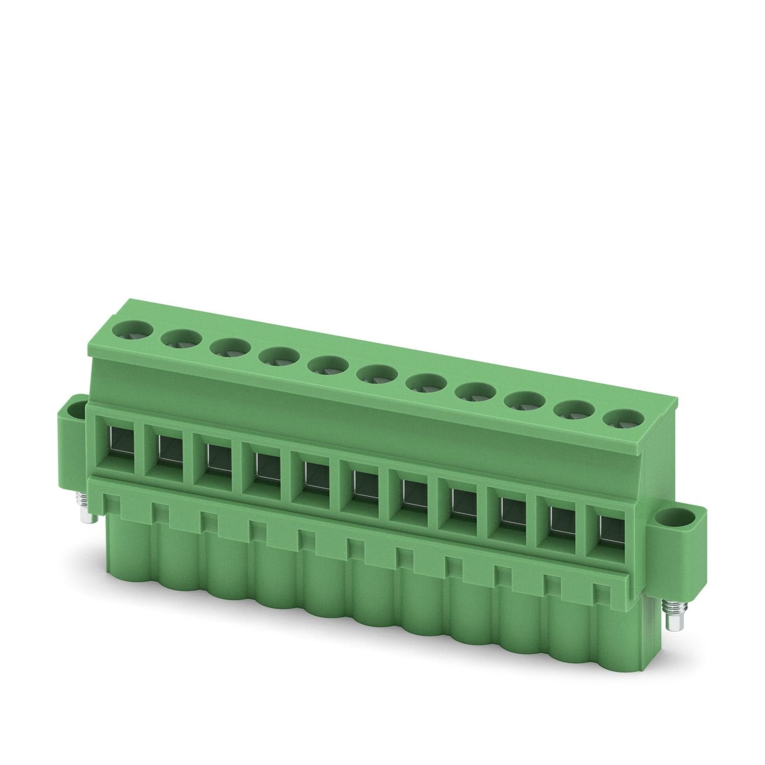 PCB connector, nominal cross section: 2.5 mm 2 , color: green, nominal current: 12 A, rated voltage (III/2): 320 V, contact surface: Sn, contact connection type: Socket, number of potentials: 11, number of rows: 1, number of positions: 11, number of connections: 11, product range: MVSTBW 2,5/..-STF, pitch: 5 mm, connection method: Screw connection with tension sleeve, screw head form: L Slotted, conductor/PCB connection direction: -90 °, locking clip: - Locking clip, plug-in system: COMBICON MSTB 2,5, locki