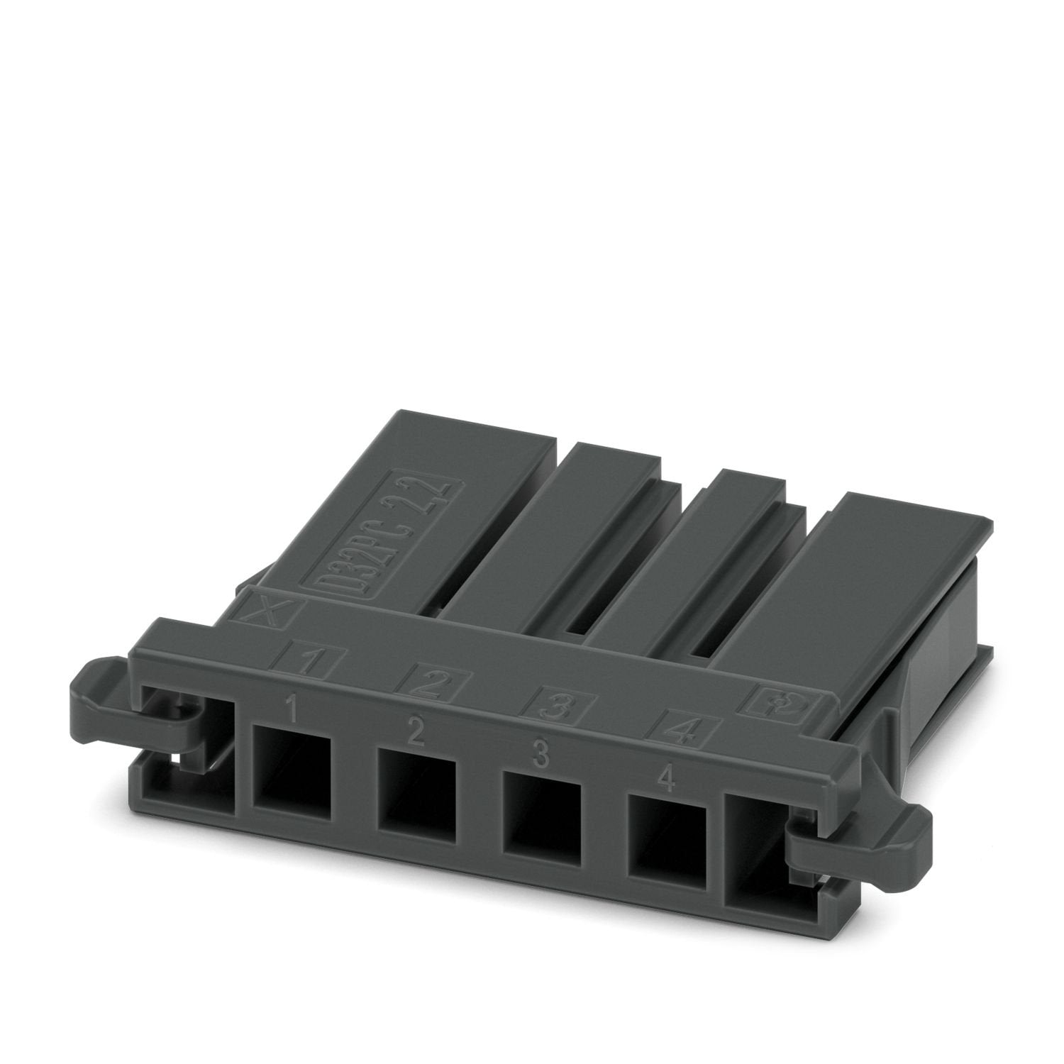 PCB connector, color: black, nominal current: 8 A, rated voltage (III/2): 320 V, contact surface: Sn, contact connection type: Socket, number of rows: 1, number of positions: 4, product range: D32PC 2,2/.., pitch: 5.08 mm, connection method: Crimp connection, conductor/PCB connection direction: 0 °, locking clip: - without locking clip, plug-in system: CONNEXIS D, locking: Snap-in locking, mounting method: Latching flange, type of packaging: packed in cardboard